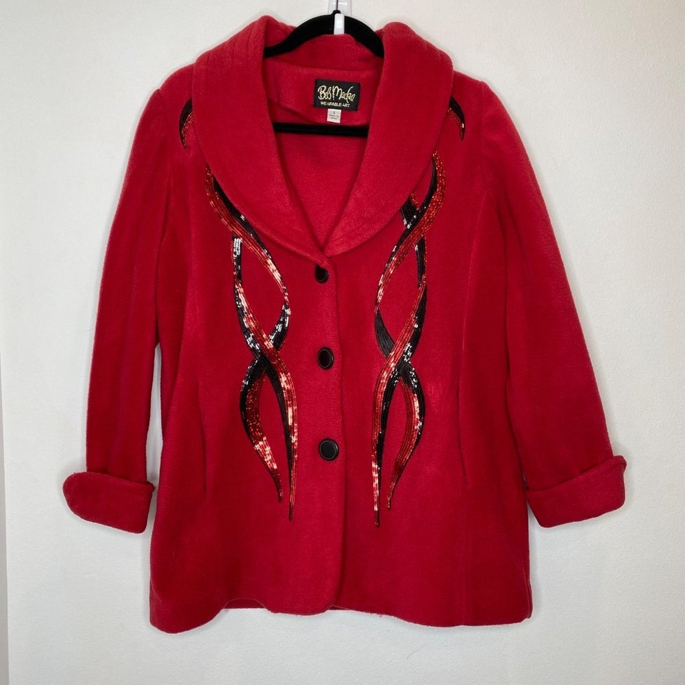 Bob Mackie Vintage Sequin Fleece Blazer Jacket Small Cranberry Red Black Pockets